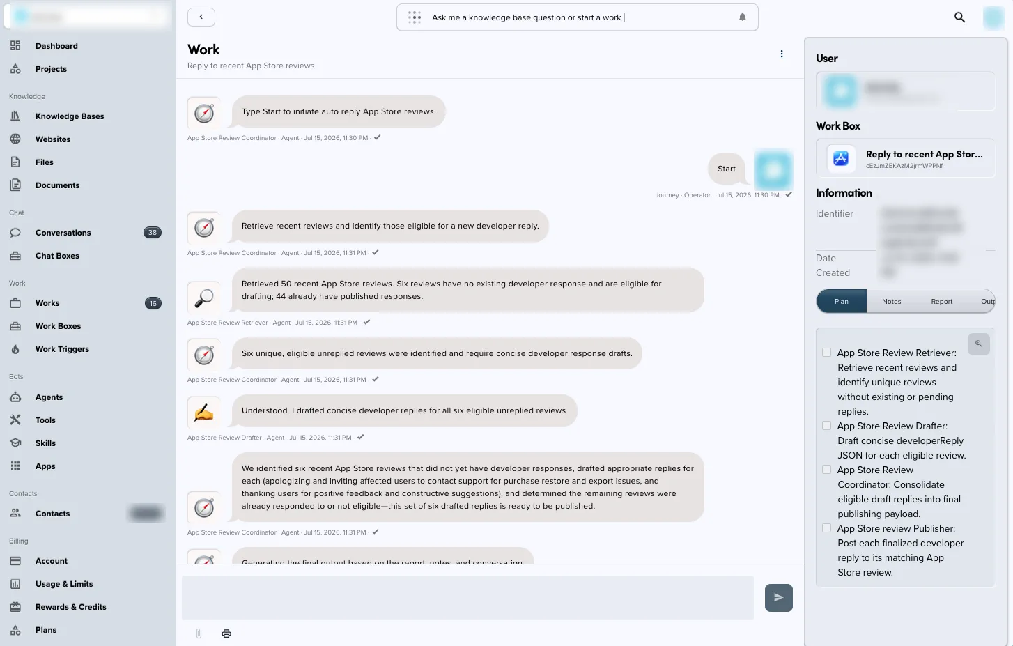 A Knoon AI replies in Knoon workbox.