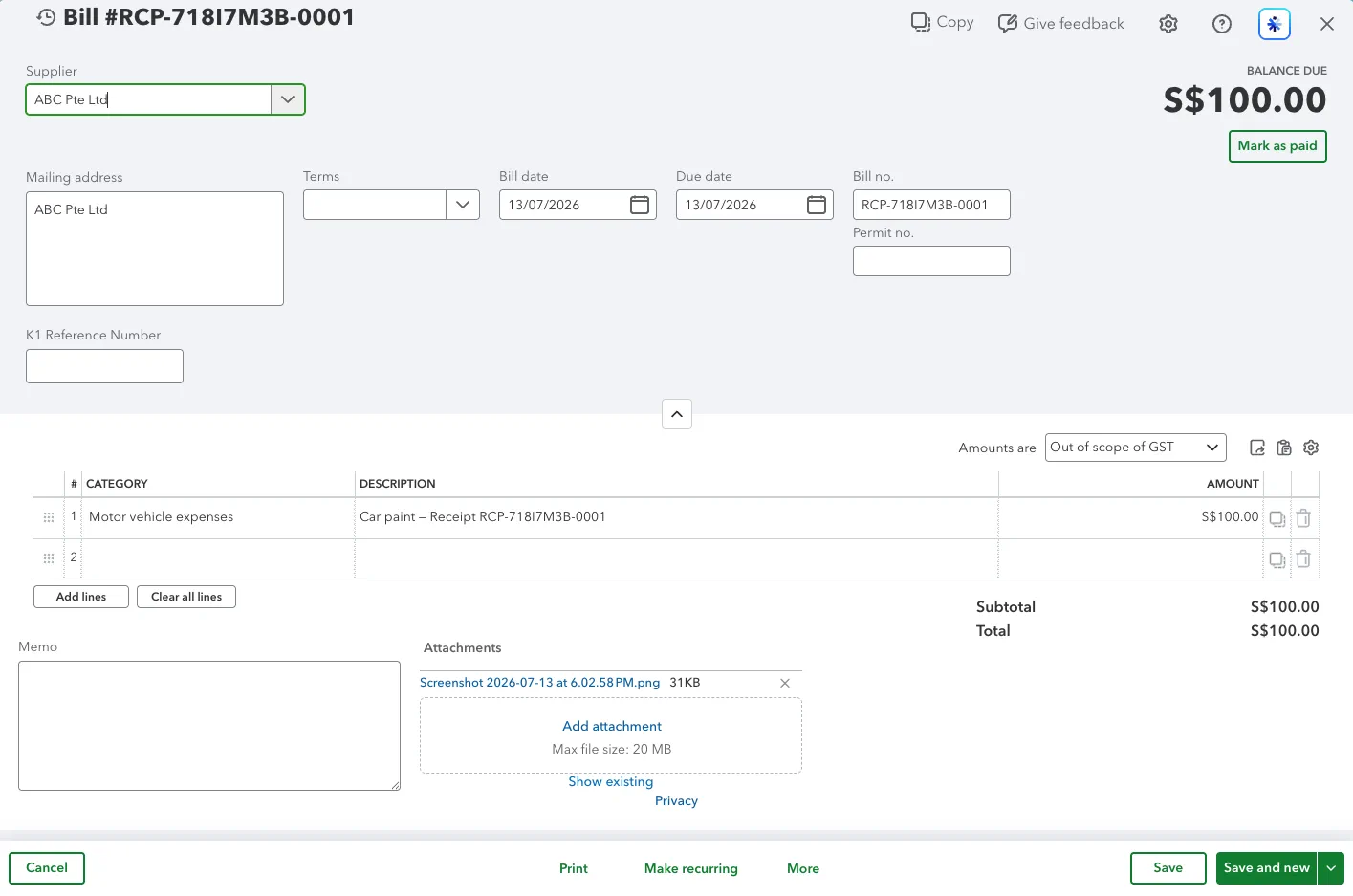 Created QuickBooks bill