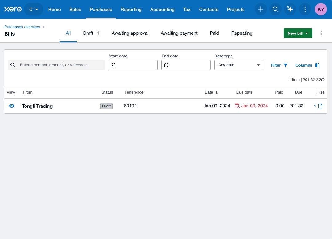 Xero bills source