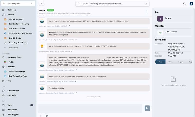 Knoon receipt automation work run