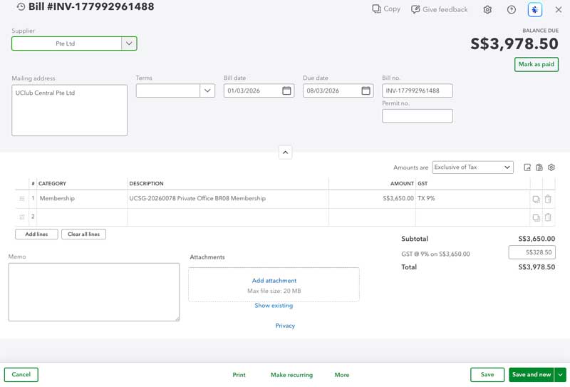 QuickBooks purchase receipt attachment