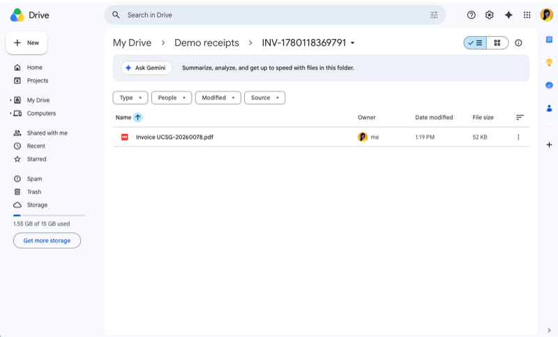 Archived receipt in Google Drive