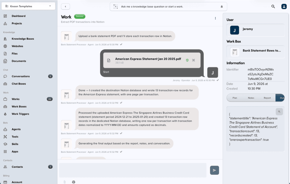 Knoon work processing a bank statement PDF