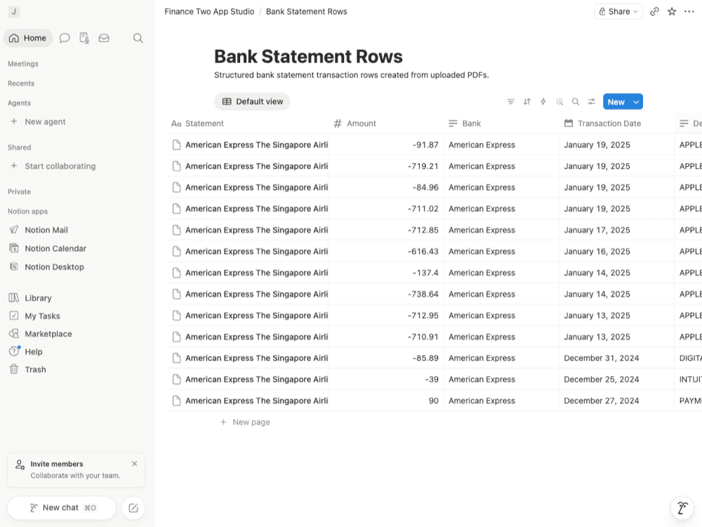 Notion database populated with bank statement rows
